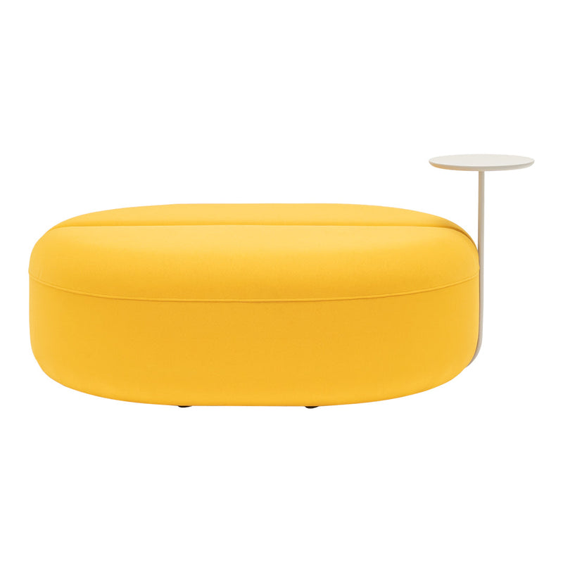 Vibrant yellow ottoman with a sleek white side table, featuring a simple modern design. Perfect for stylish interiors.