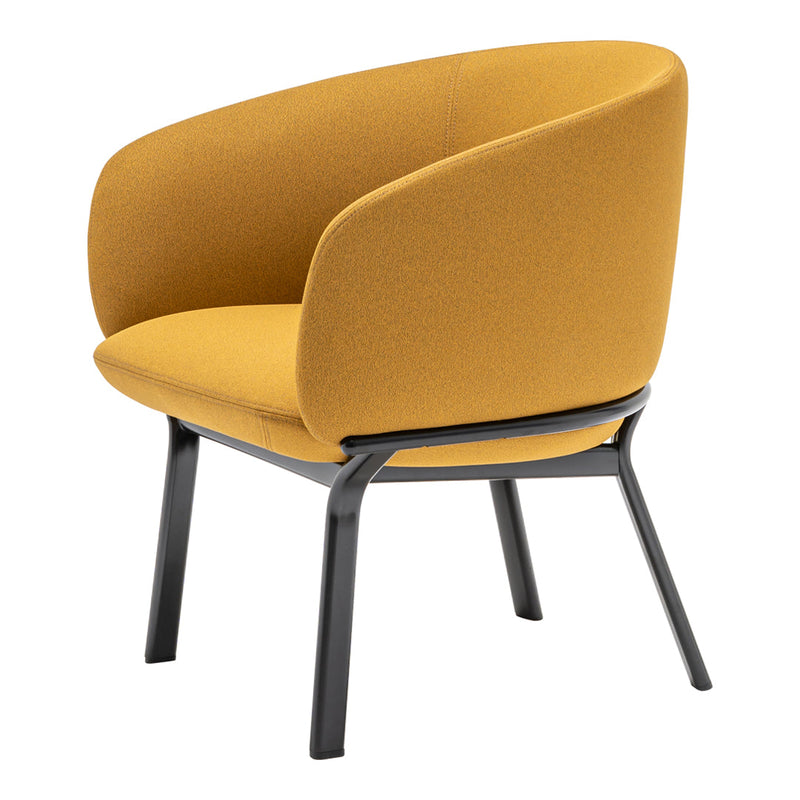 Sleek armchair with a vibrant mustard yellow upholstery and minimalist black metal frame. Perfect for modern decor.