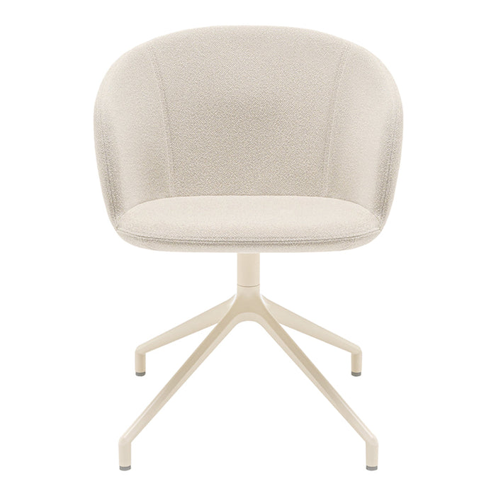 Light beige upholstered chair with a smooth, textured pattern and a round backrest on a white metal base.