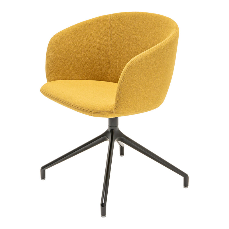 Stylish yellow upholstered chair with a modern black metal base, featuring smooth curves and minimalist design.