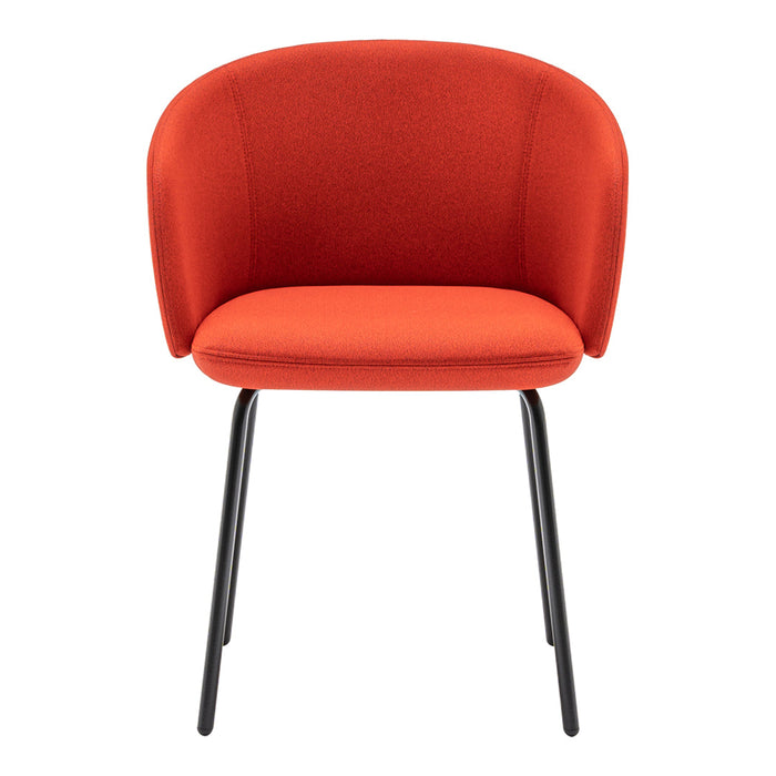 Vibrant orange upholstered chair with a sleek black metal frame, modern design, and minimalistic curves.