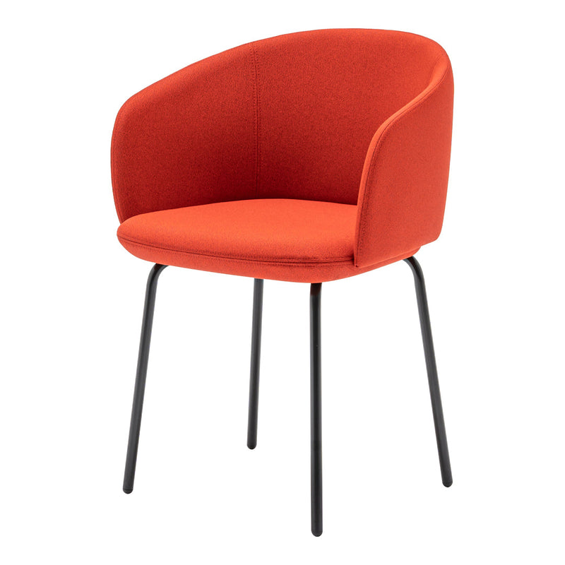 Bright orange upholstered chair with smooth, curved lines and sleek black metal legs. Modern design for any space.