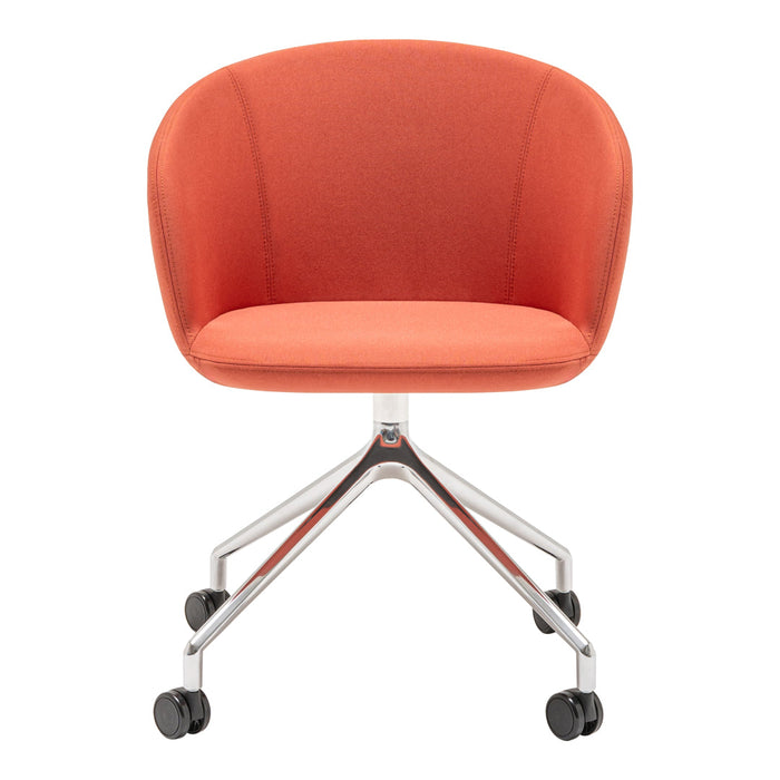 Orange upholstered chair with a sleek chrome base, featuring a smooth, modern design and rounded contours.