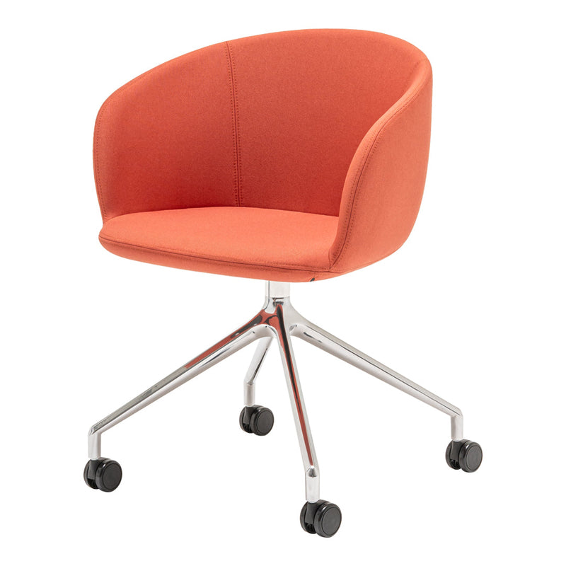 Orange upholstered chair with a sleek chrome base and five black rolling wheels. Modern and stylish design.