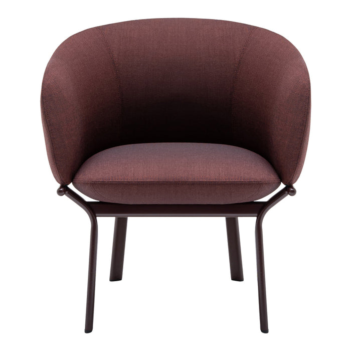 Maroon upholstered chair with a smooth texture, featuring a rounded back and sleek black legs. Elegant and modern design.