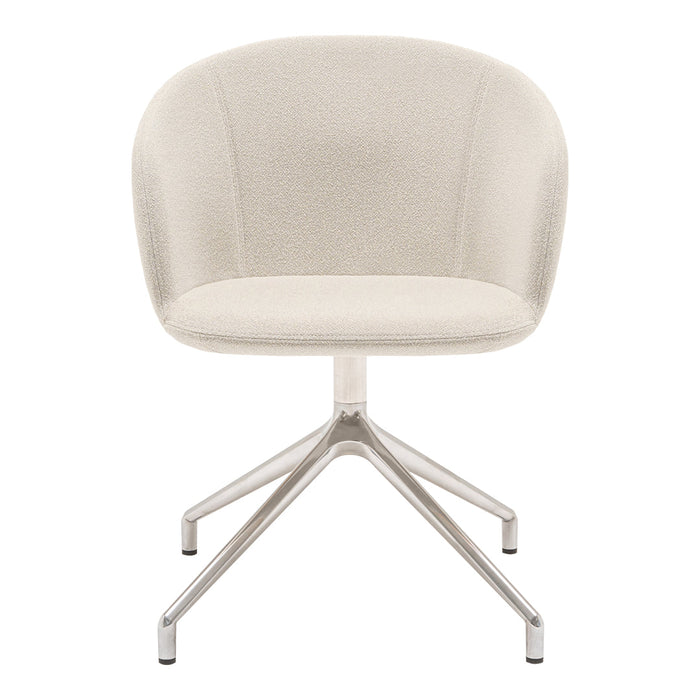 Cream-colored fabric chair with a smooth, minimalist design and a sleek silver base. Ideal for modern decor.