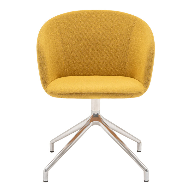 Yellow upholstered chair with a smooth texture and a sleek silver base, perfect for modern decor.