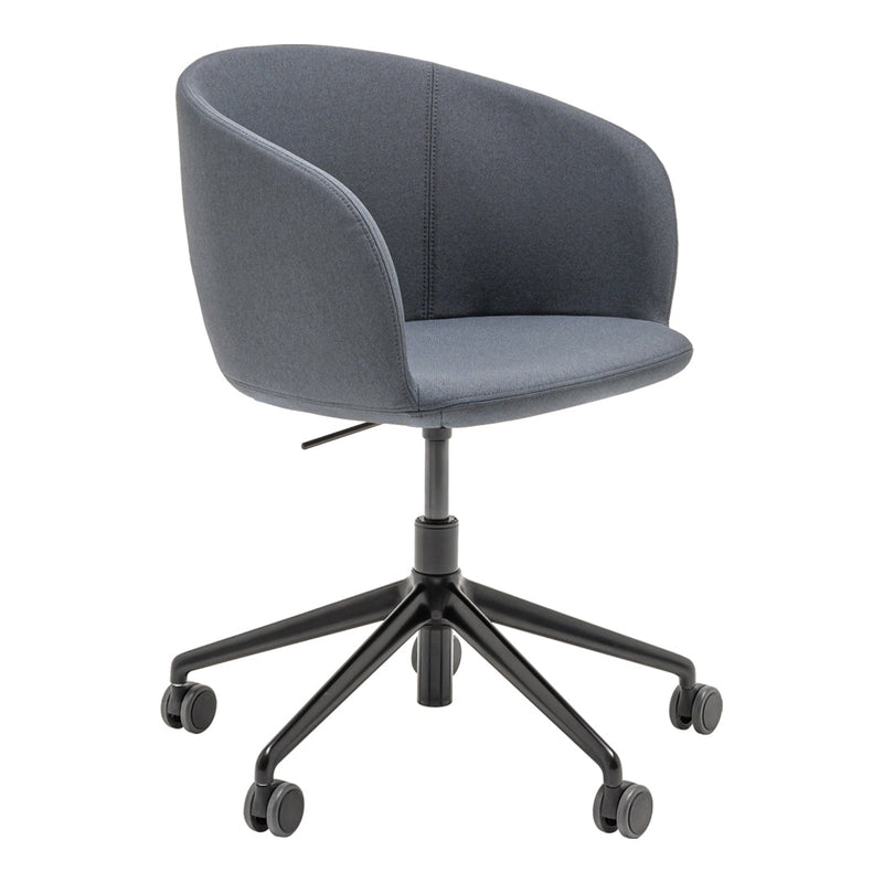 Grey upholstered swivel chair with a minimalist design and soft, smooth texture. Black five-star base and wheels.