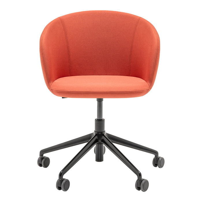 Modern orange upholstered swivel chair with a smooth, rounded design on a black base and wheels.