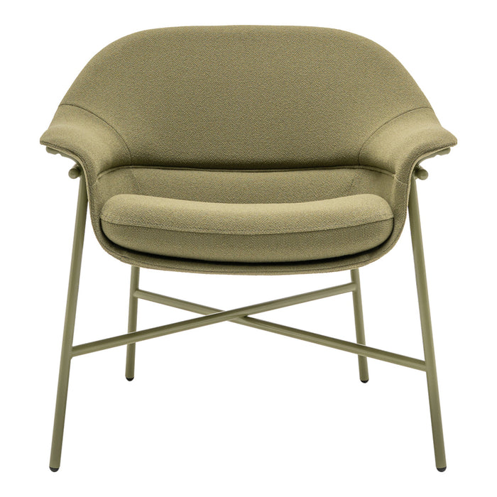 Olive green, textured upholstery chair with minimalist metal frame and soft curves, perfect for modern decor.