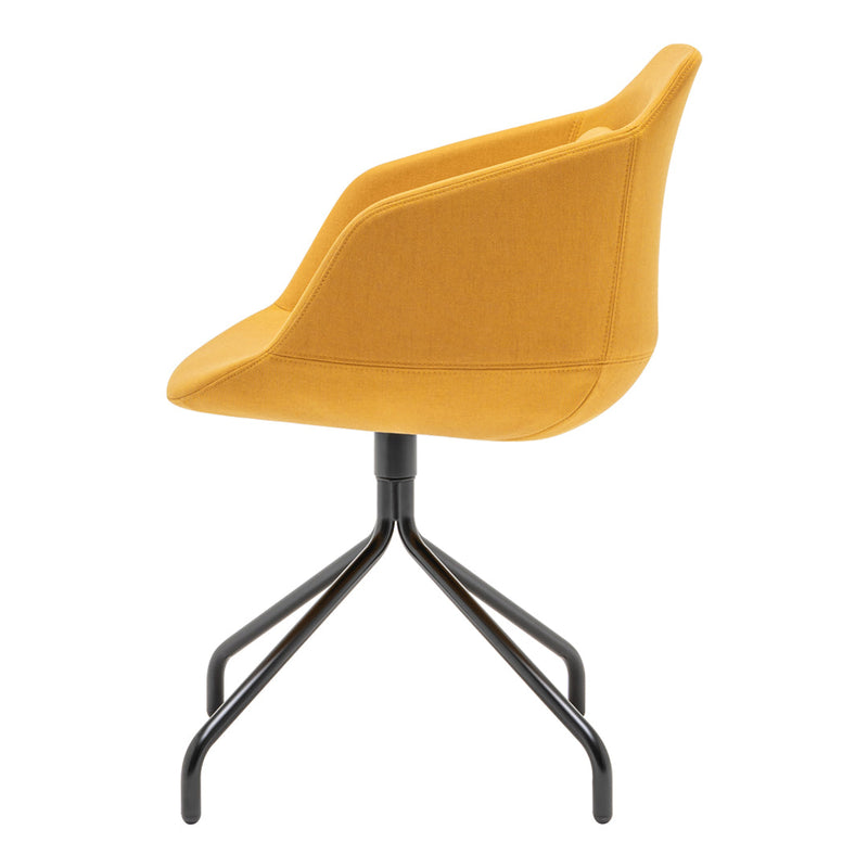 Mustard yellow upholstered chair with a sleek black metal base, showcasing a modern and minimalist design.