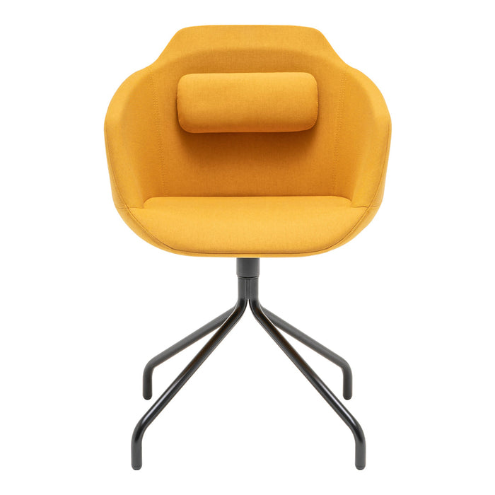 Bright yellow upholstered chair with a sleek black base and a round shape, featuring a decorative lumbar pillow.