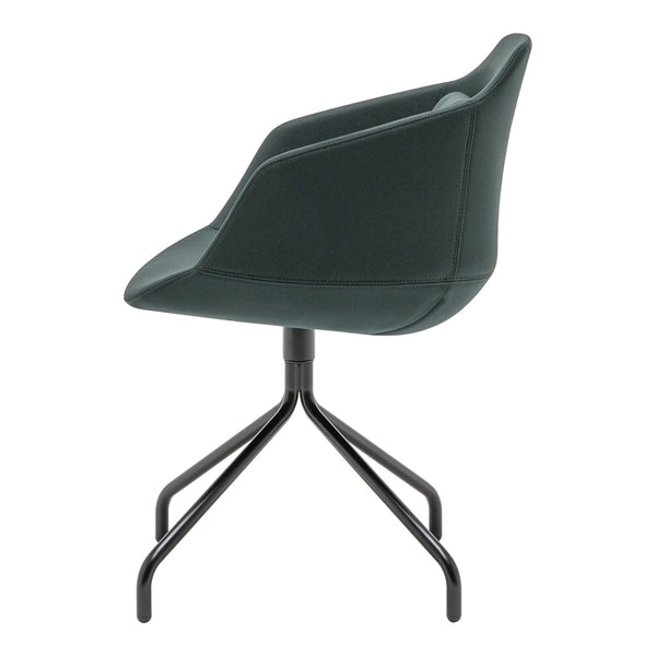 Green upholstered chair with a sleek black metal base and a minimalist design, perfect for modern interiors.