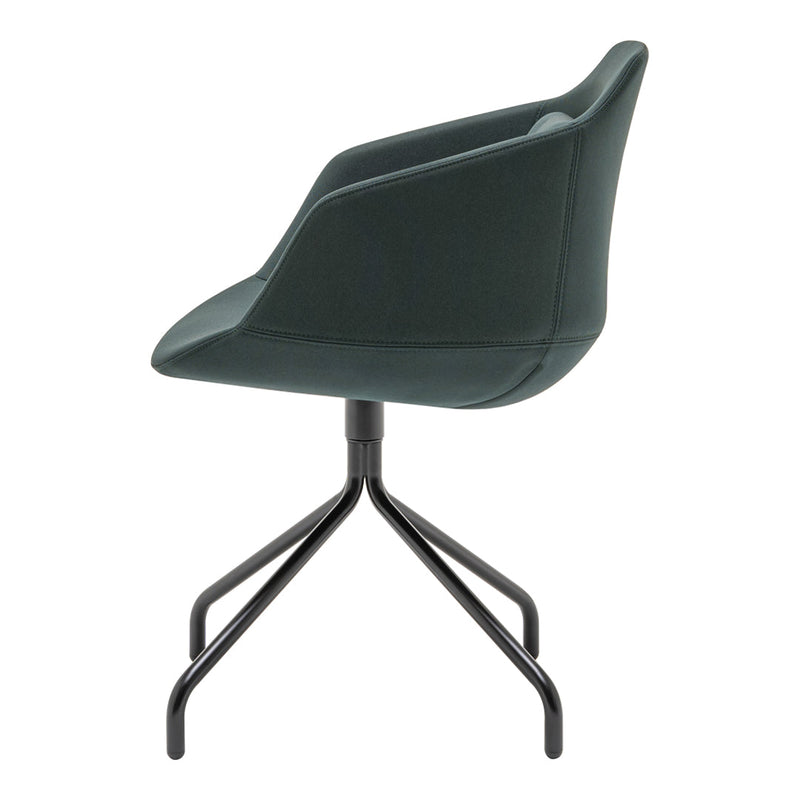 Green upholstered chair with a sleek black metal base and a minimalist design, perfect for modern interiors.