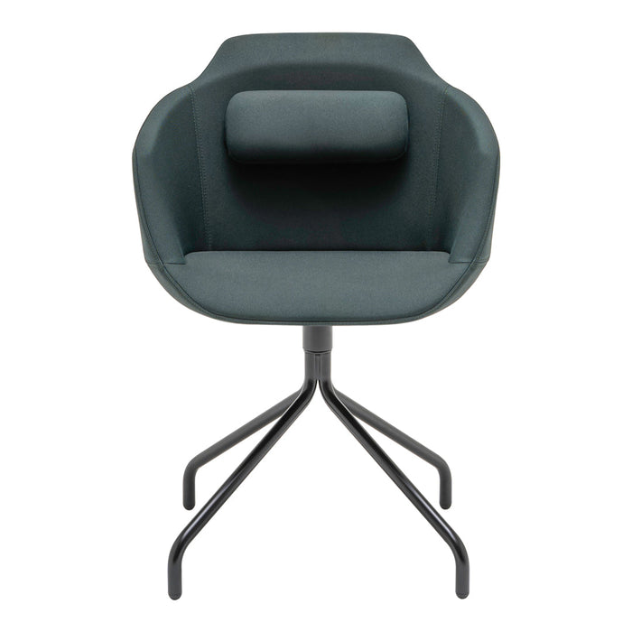 Modern chair in dark teal fabric with a sleek black metal base, featuring a minimalist design and smooth contours.