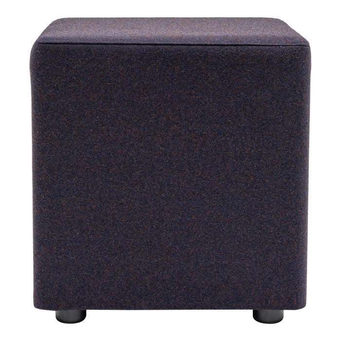 Dark purple ottoman with a subtle textured pattern and rounded corners, supported by black feet.