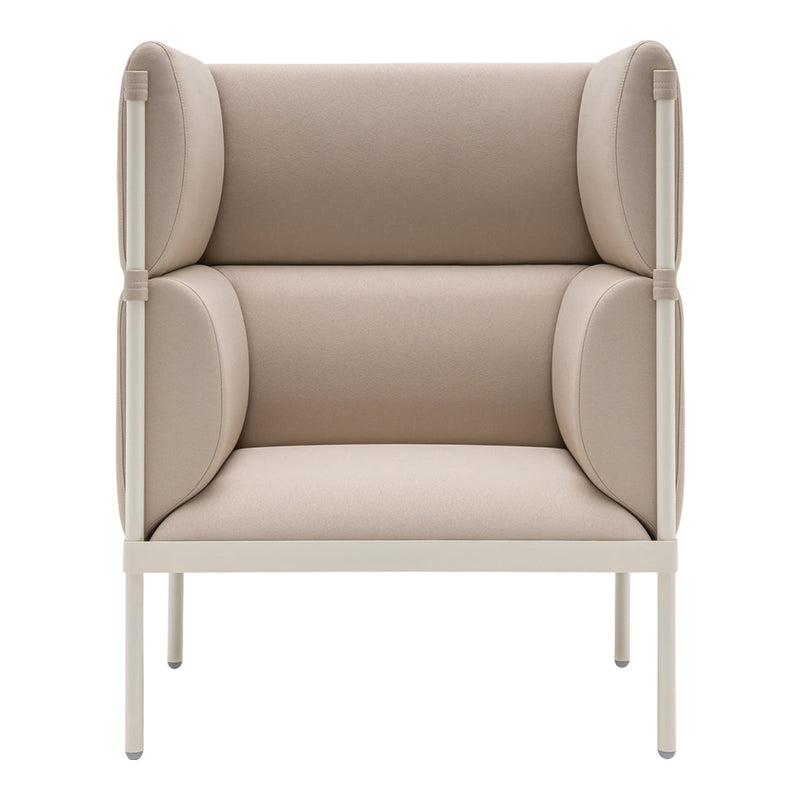 Beige upholstered armchair with soft curves and minimalist design, featuring smooth, clean lines and a modern aesthetic.