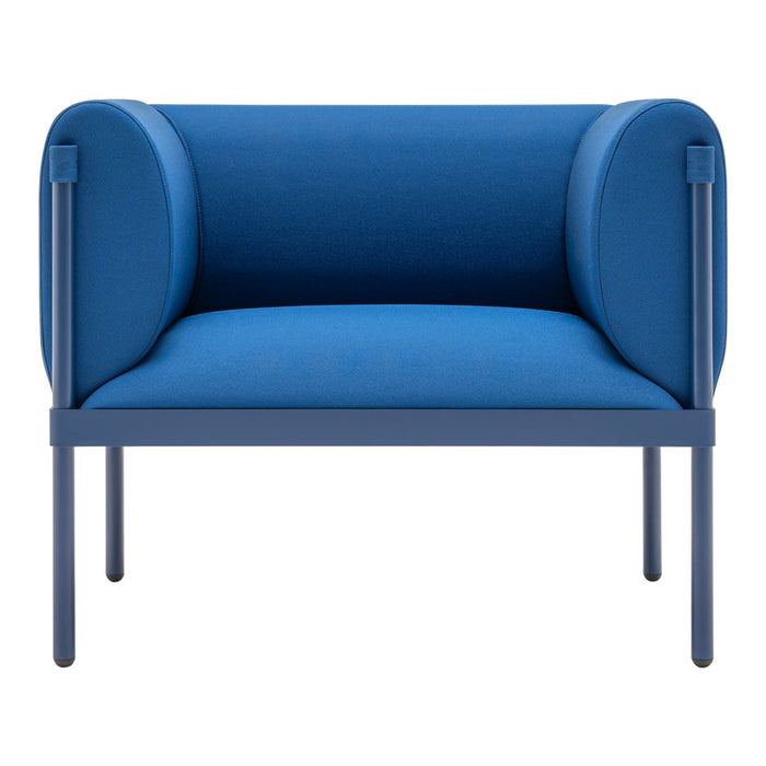 Modern blue armchair with round, cushioned sides and a sleek, minimalist frame. Ideal for contemporary decor.