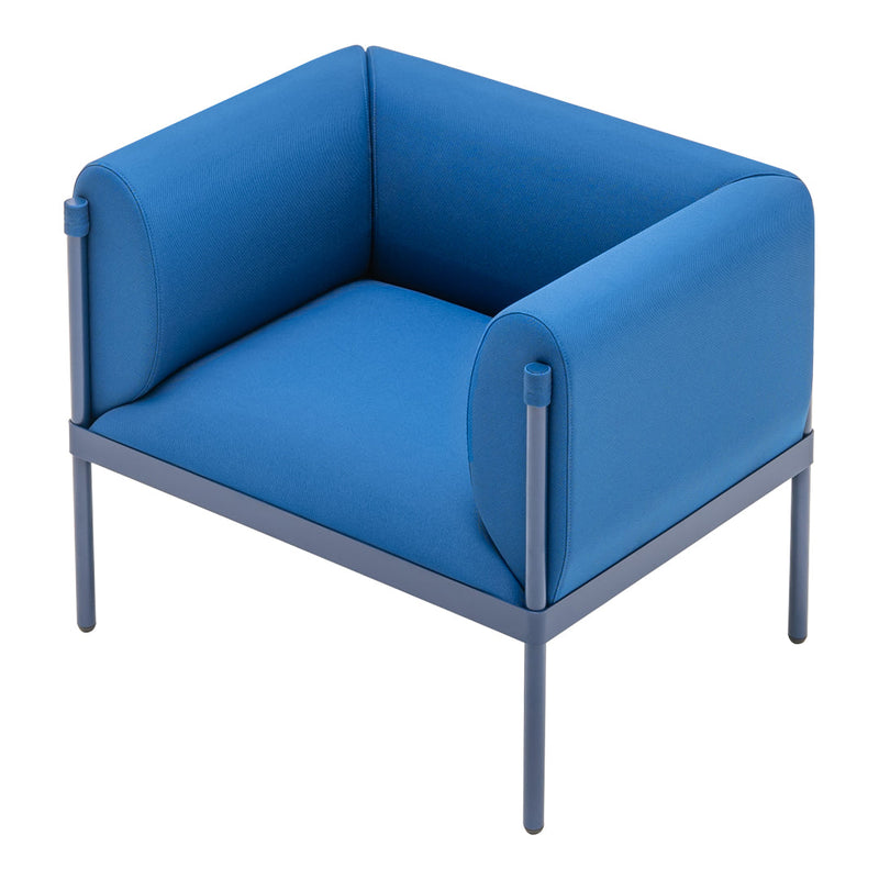 Vibrant blue upholstered chair with smooth, rounded arms and sleek metal frame for a modern touch.