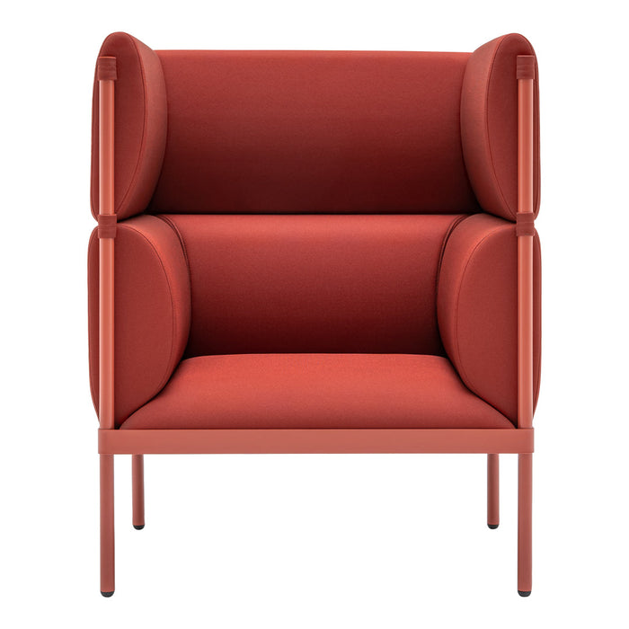 Modern red upholstered armchair with plush, rounded edges and a sleek metal frame, perfect for contemporary decor.
