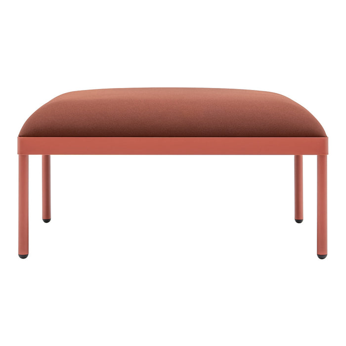 Rust-colored upholstered bench with a smooth finish and sleek metal legs, perfect for modern decor.
