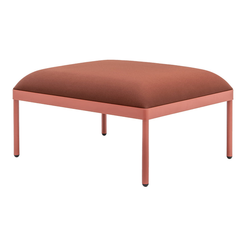 Rust-colored upholstered ottoman with a sleek, minimalist metal frame. Ideal for modern decor.