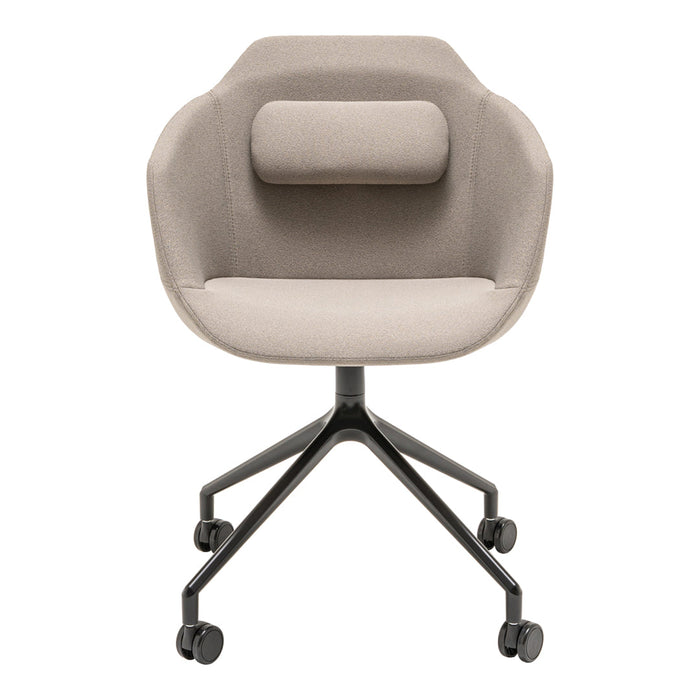 Light gray upholstered chair with a sleek design and subtle textured pattern, complemented by a black metal base.