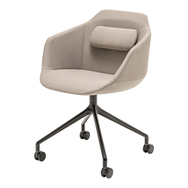 Beige fabric office chair with soft, curved lines and a plush backrest on a sleek black metal base.
