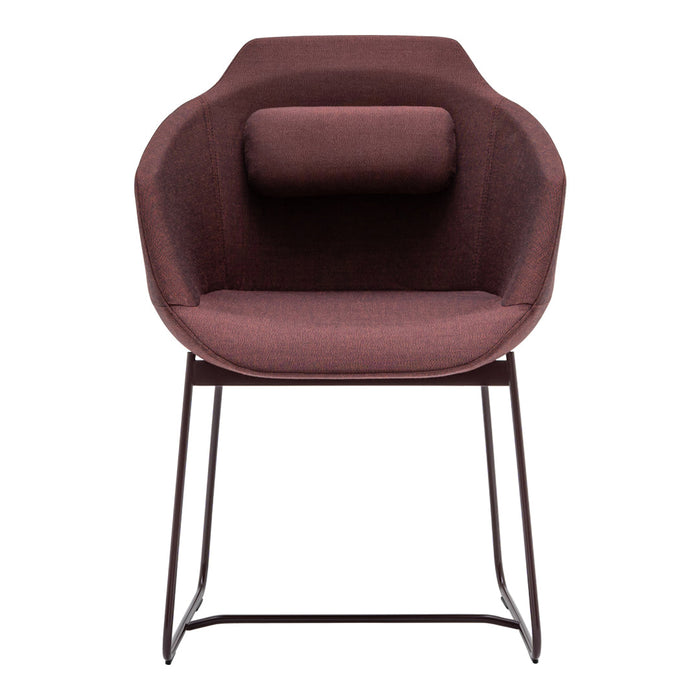Modern burgundy armchair with a smooth fabric finish and minimalist black metal legs. Perfect for stylish interiors.