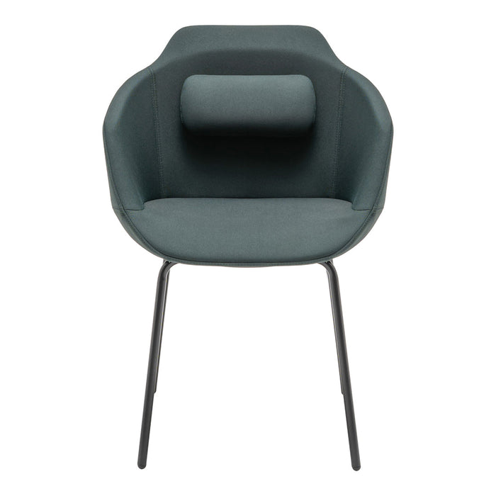Stylish dark teal fabric chair with a smooth finish and minimalist design, complemented by sleek black metal legs.