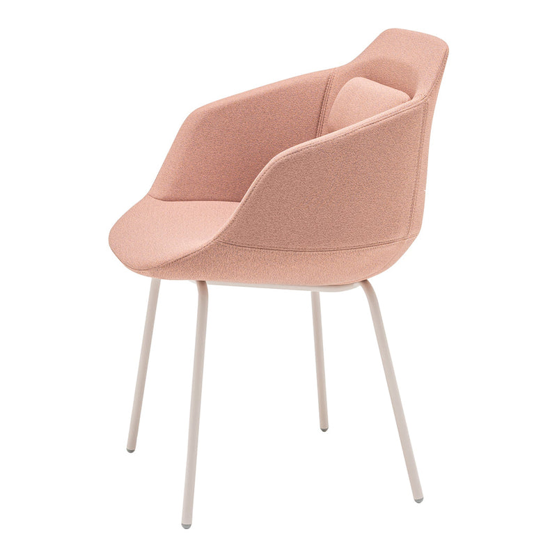 Soft pink fabric chair with a minimalist design and light metal legs, perfect for modern decor.