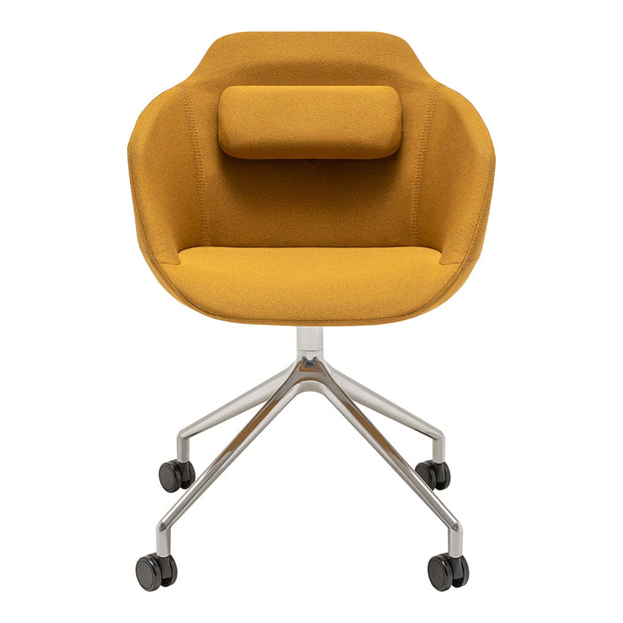Stylish mustard yellow chair with a modern design and subtle texture, featuring a comfy back cushion and sleek metal base.