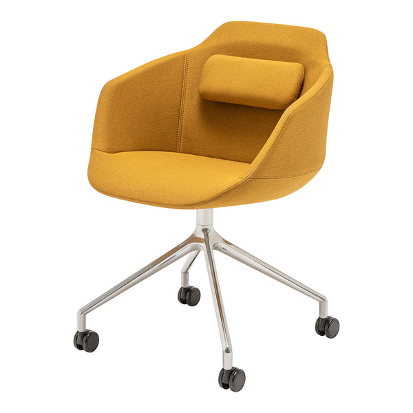 Stylish yellow upholstered chair with a sleek silver base and a modern, minimalist design.