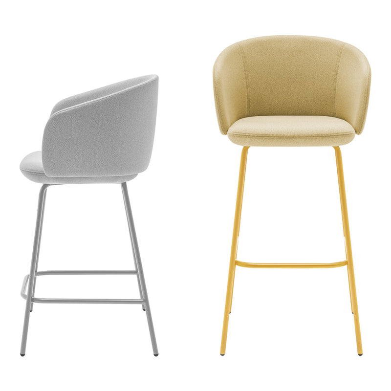 Gray and yellow bar stools with sleek, modern designs and soft, rounded cushions. Perfect for contemporary spaces.