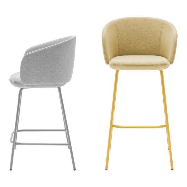 Modern bar stools in soft gray and warm beige, featuring sleek metal legs in silver and vibrant yellow.