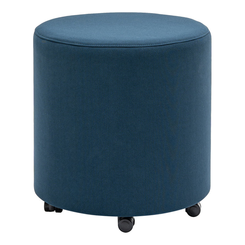 Round teal ottoman with a smooth fabric finish, featuring a solid color and stylish minimalist design.