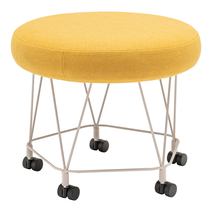 Round yellow upholstered stool with a sleek gray metal base and rolling black wheels. Perfect modern accent piece.