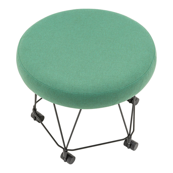 Green upholstered round stool with a sleek black metal frame and caster wheels. Perfect for modern decor.