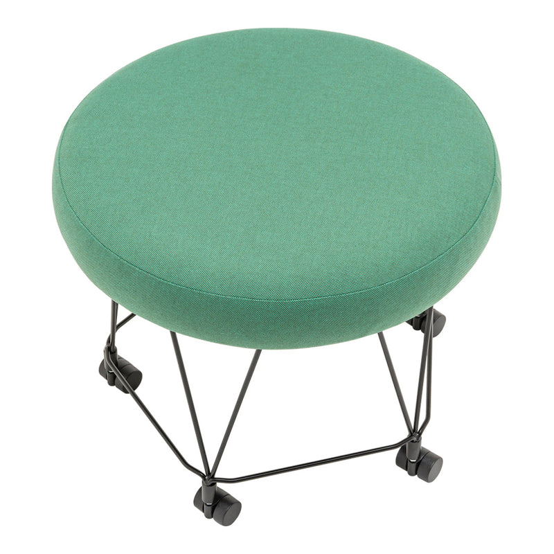 Green upholstered round stool with a sleek black metal frame and caster wheels. Perfect for modern decor.
