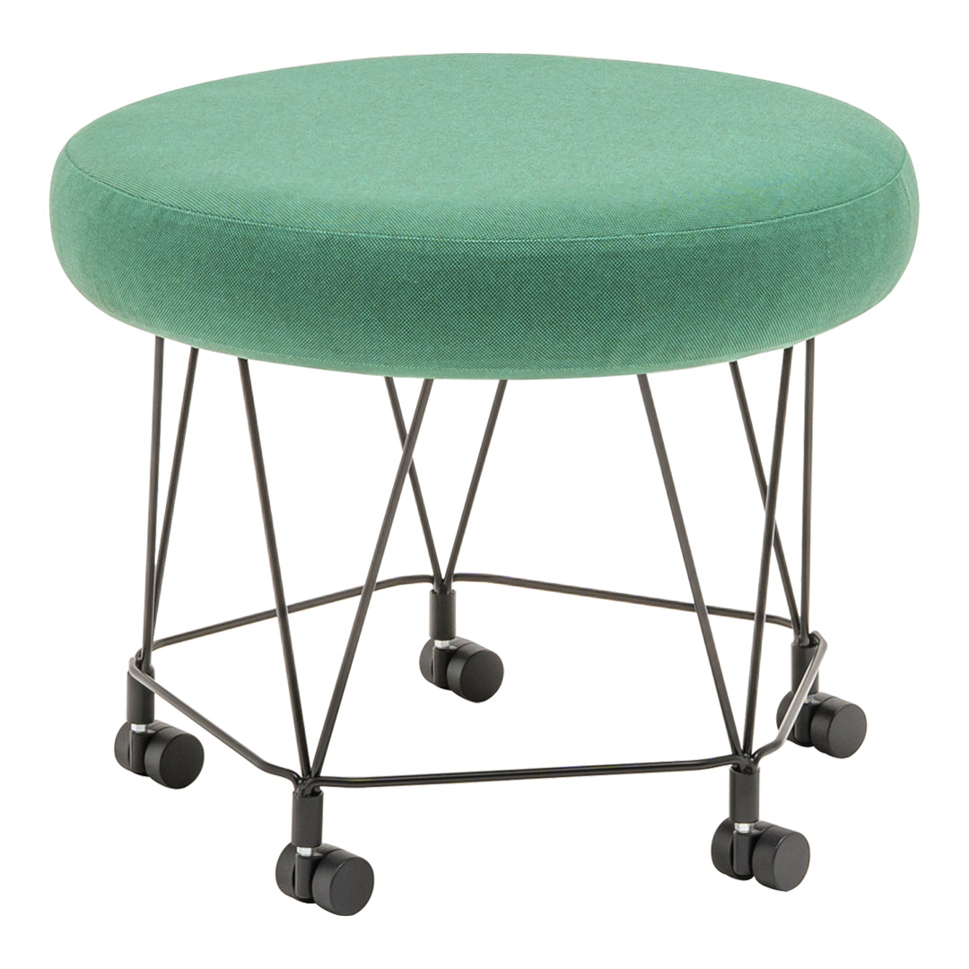 Round green upholstered stool with a black metal base and wheels, featuring a modern minimalist design.