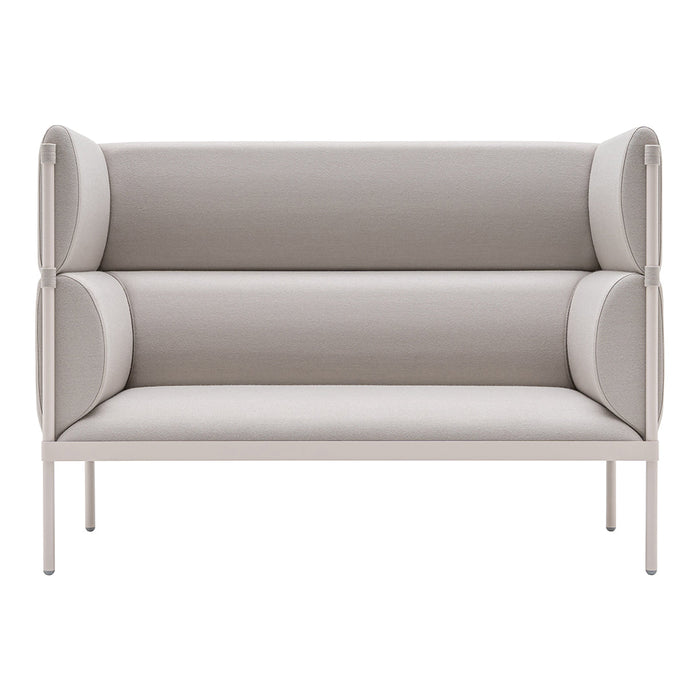 Beige upholstered loveseat with soft, smooth textures and rounded armrests, featuring a minimalist design.