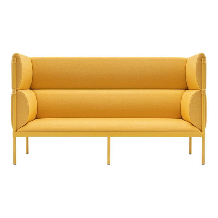 Bright yellow two-seater sofa with smooth, minimalist design and rounded armrests, perfect for modern decor.