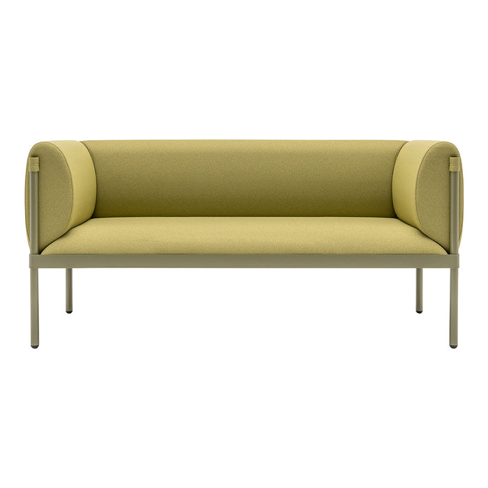 Stylish olive green sofa with a smooth, minimalist design and rounded armrests on a sleek metal frame.
