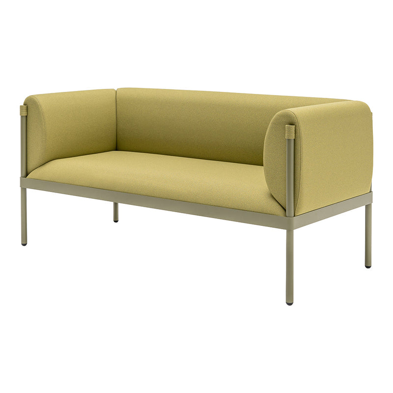 Modern two-seater sofa in soft olive green upholstery with minimalist metal legs, perfect for contemporary decor.