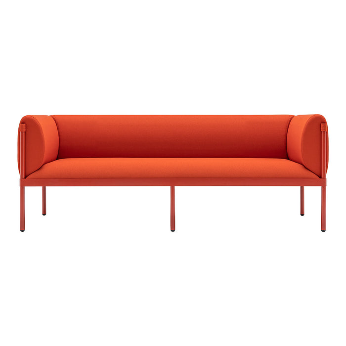 Bold orange sofa with smooth upholstery and minimalist design. Perfect accent for modern living spaces.