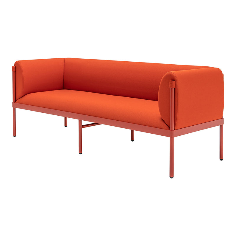 Vibrant orange fabric sofa with minimalist design and smooth, sleek lines. Perfect for modern decor.