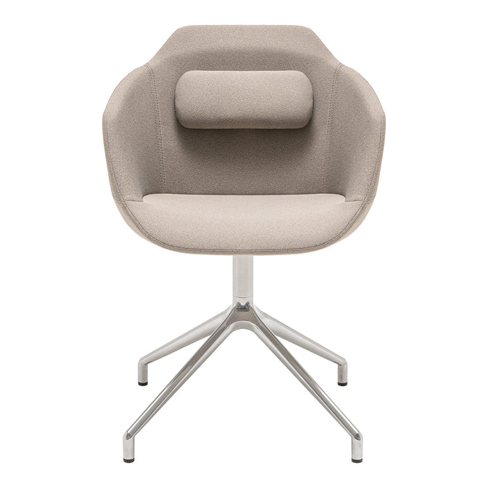 Beige upholstered chair with a minimalist design and soft, rounded patterns. Includes a matching headrest cushion.