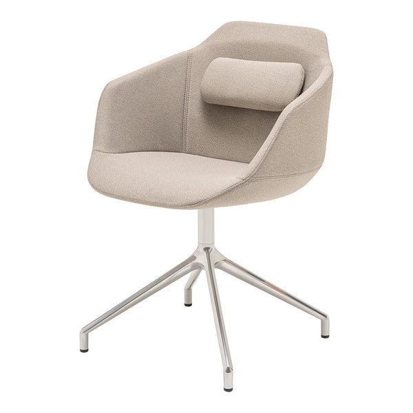 Beige upholstered chair with a sleek design and a subtle pattern, complemented by a chrome base.
