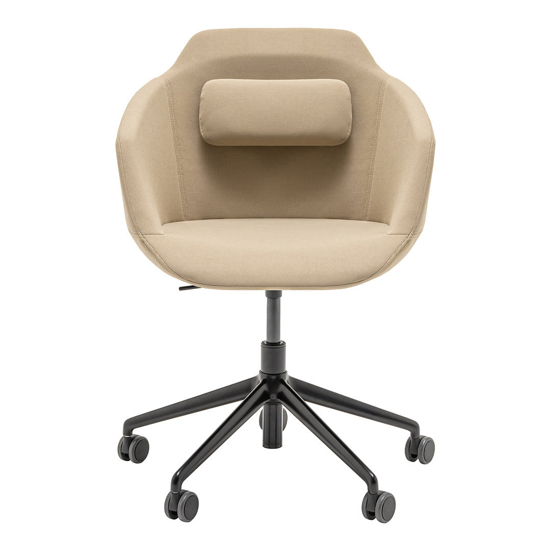 Beige upholstered office chair with a minimalist design and black base, featuring a soft accent pillow.