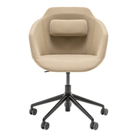 Beige upholstered office chair with a minimalist design and black base, featuring a soft accent pillow.